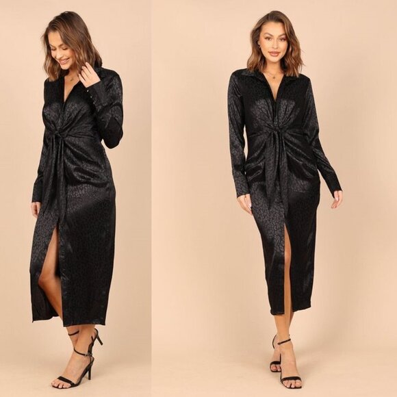 Petal & Pup Dresses & Skirts - Petal & Pup NEW Tanzy Satin Formal Collared Shirt Dress in Black Leopard Size XS